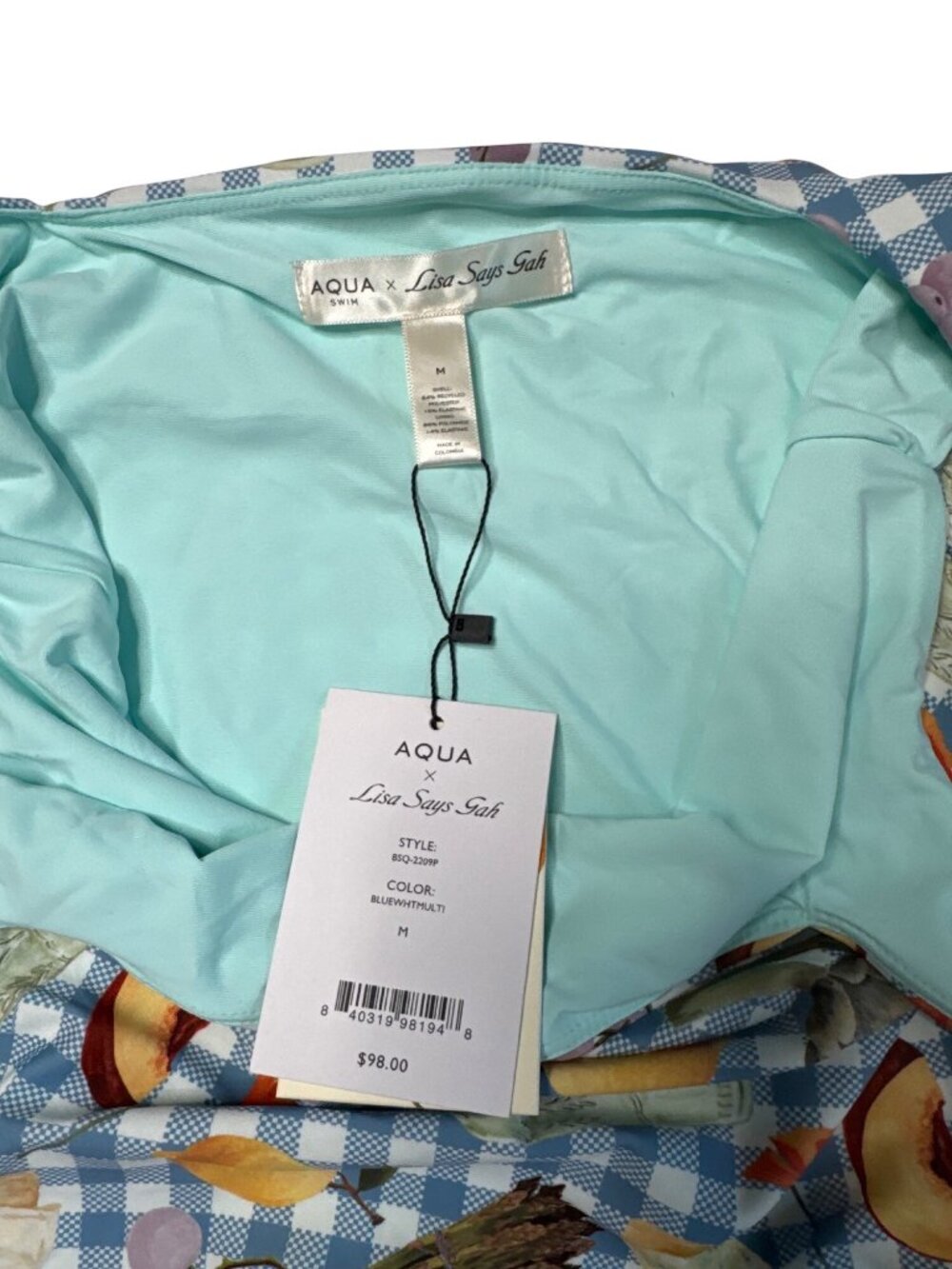NWT AQUA x Lisa Says Gah Printed One Piece Swimsuit Blue/White Size Medium - Picture 8 of 11